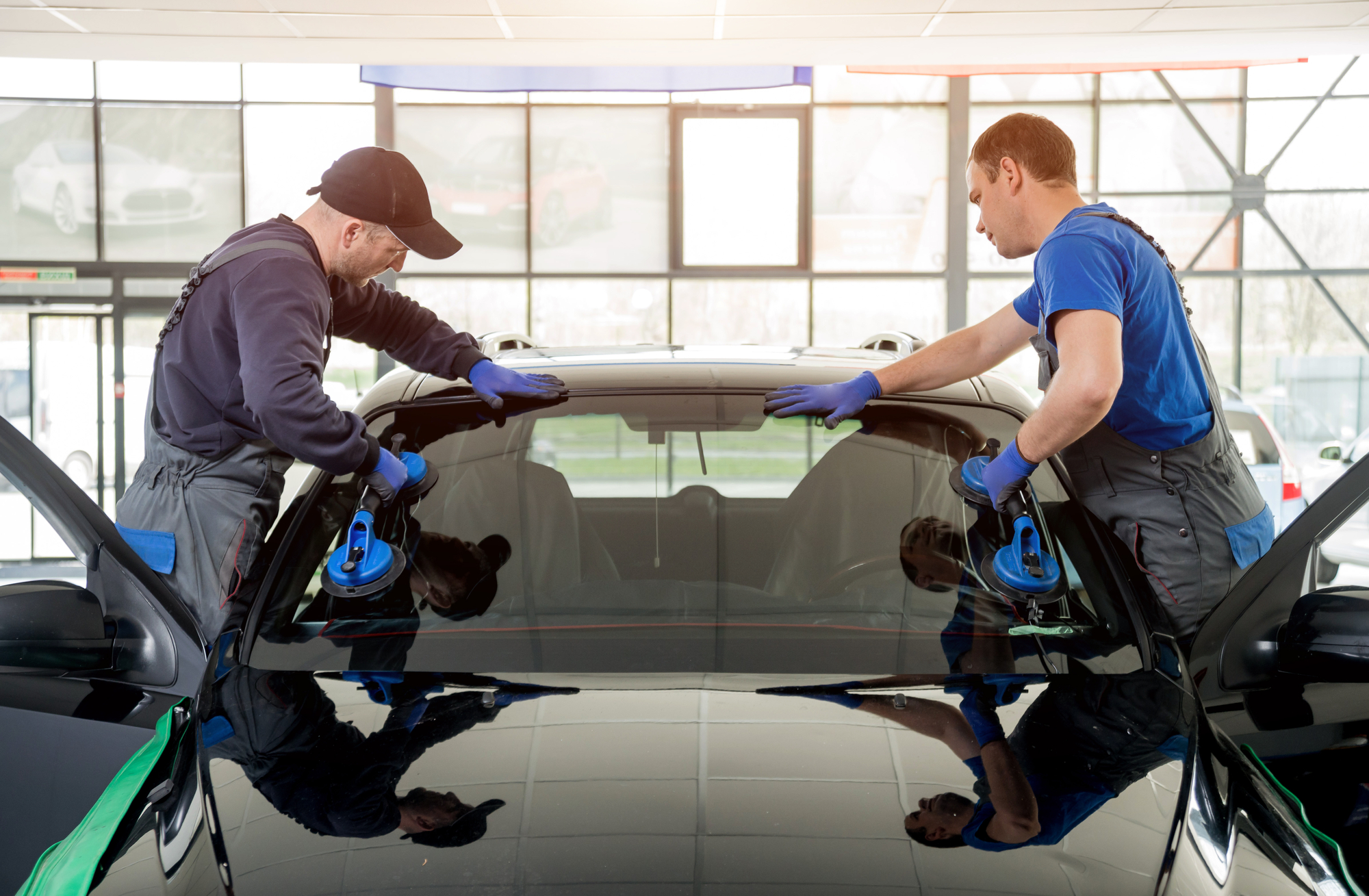 Two men repairing the car windshield